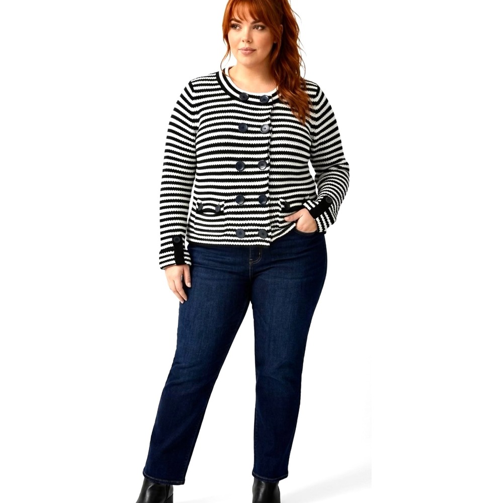 Talbots Woman Petites 1X Black White Striped Mercerized Cotton Cardigan Sweater